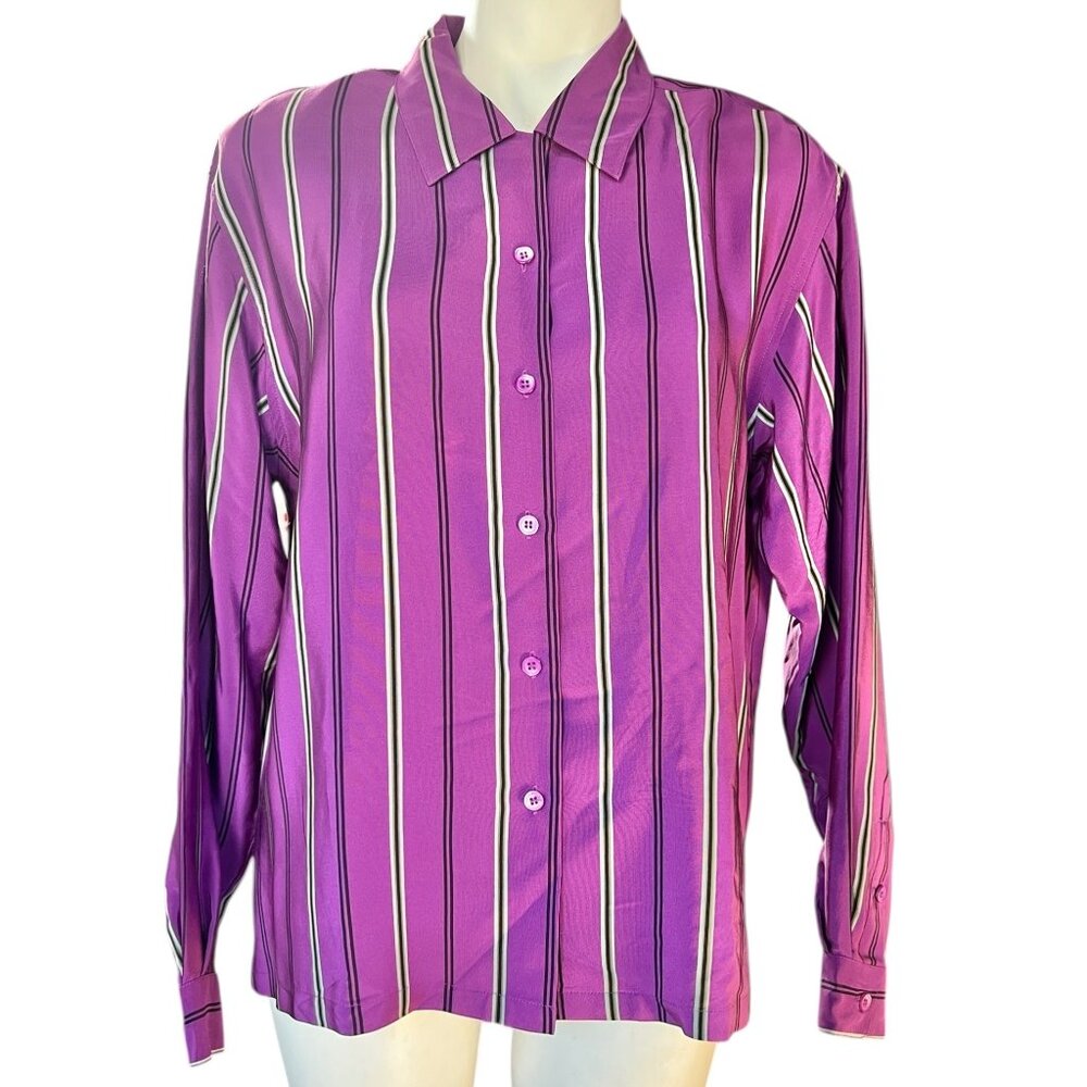 Austin Reed Womens size 14 Petite Shirt Silk Purple Striped Long Sleeve 1990s
